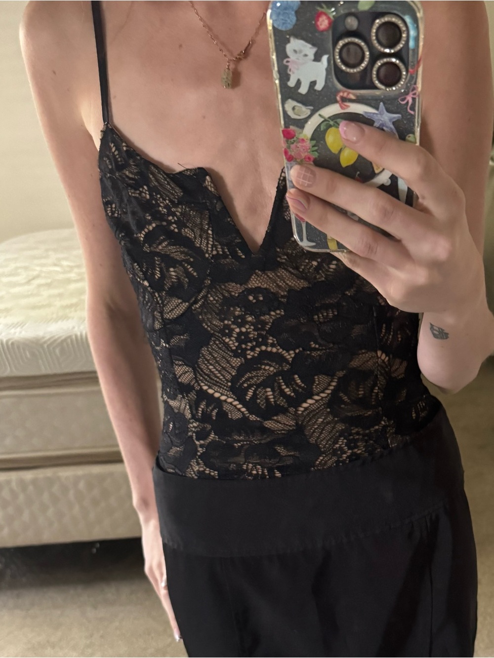 Lulu's Black Lace Bodysuit with Nude Lining